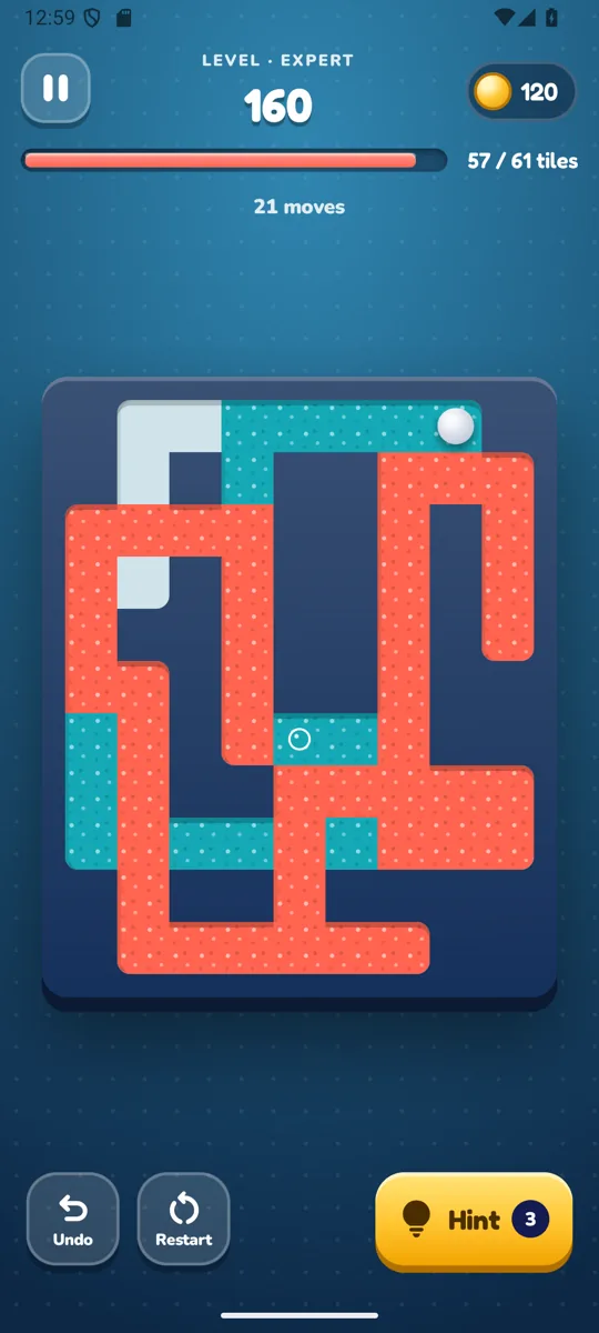 Level 160, Expert, with 57 of 61 tiles painted coral and teal and the ball resting at the top of the maze, above the Undo, Restart and Hint buttons.