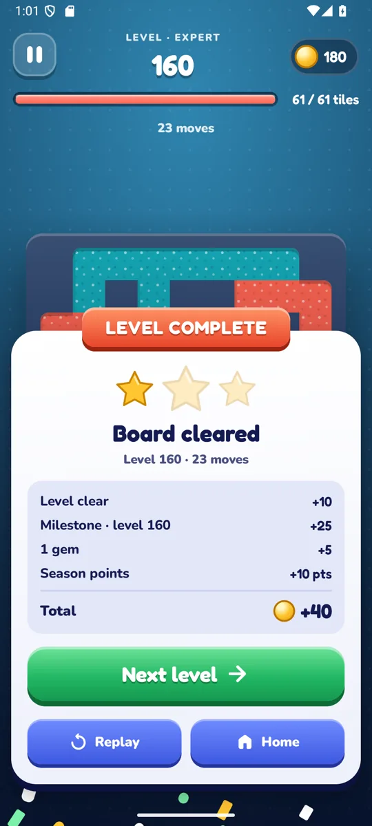 Level complete panel for level 160: board cleared in 23 moves, with the coins earned for the clear, a milestone and a gem, and the Next level button.