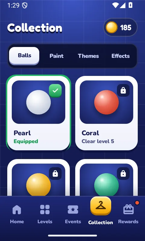 Collection screen on the Balls tab, with the Pearl ball equipped and the Coral ball locked until level 5.